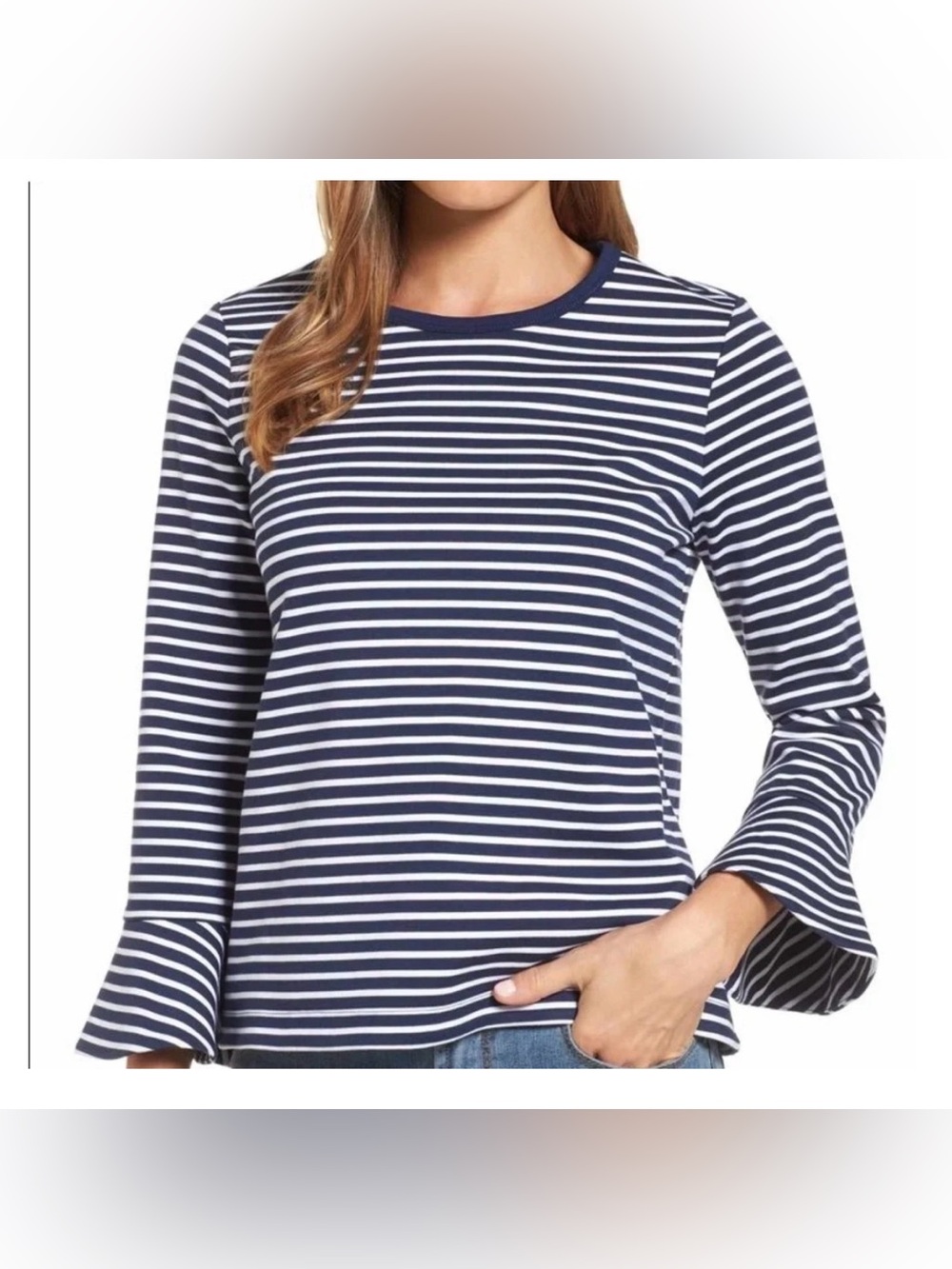 Draper James Striped Navy and White Bell Sleeve Women's Top